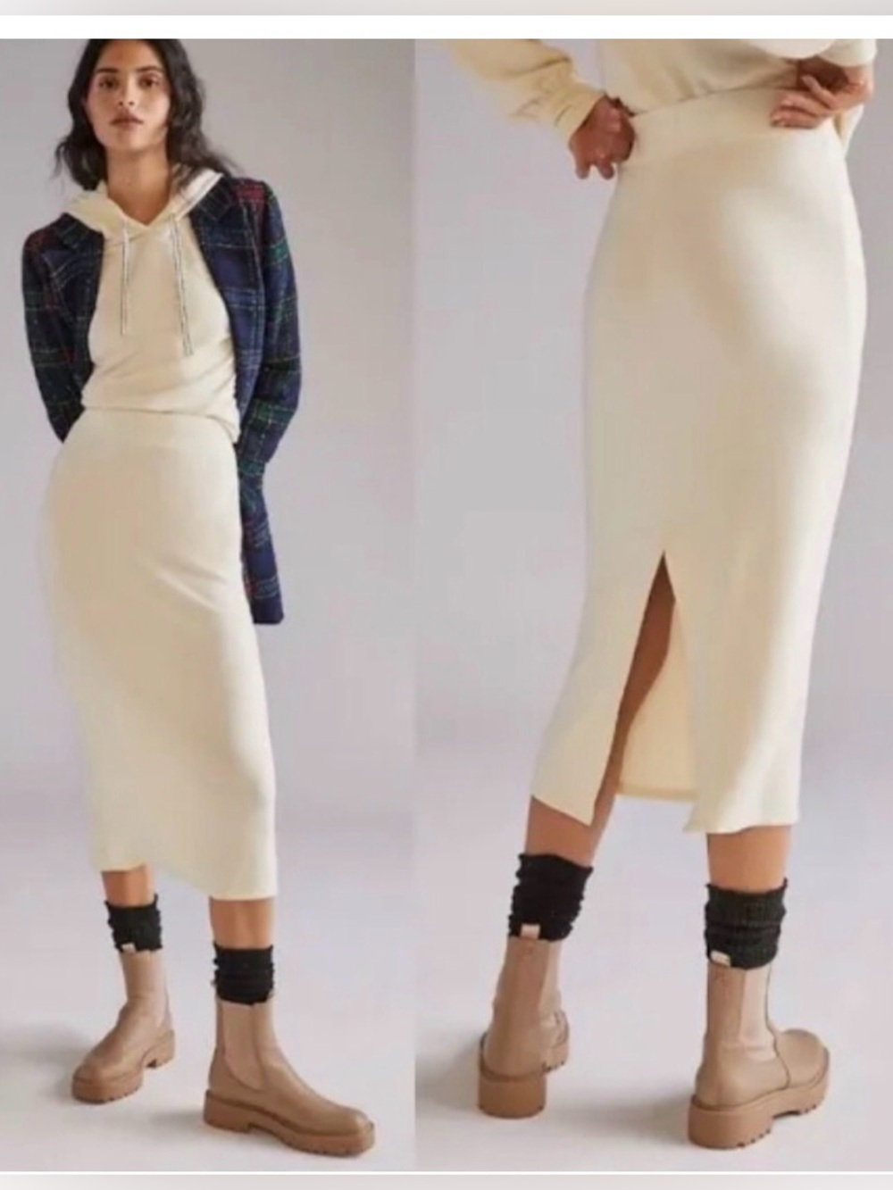 Sundry Anthropologie Slim Knit Midi Skirt Cream Sz S. Cream